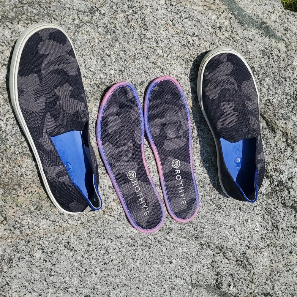 Rothy's Black and Blue Sneakers with Modern Camo Design Size 7